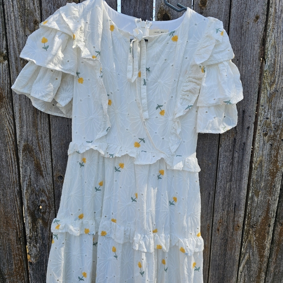Just Me Floral Ruffle Dress - White and Yellow - Picture 3 of 11
